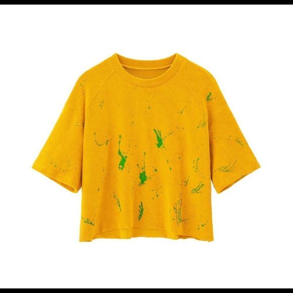 WOODROSE Deli vintage mustard oversized tee with raw edges & raglan sleeves SZ S - Picture 1 of 12